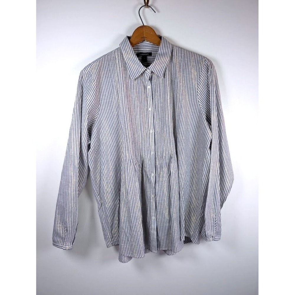 Lands End Tunic Top Women Size 18 Pintuck Button Front boho Linen Blend Pullover
